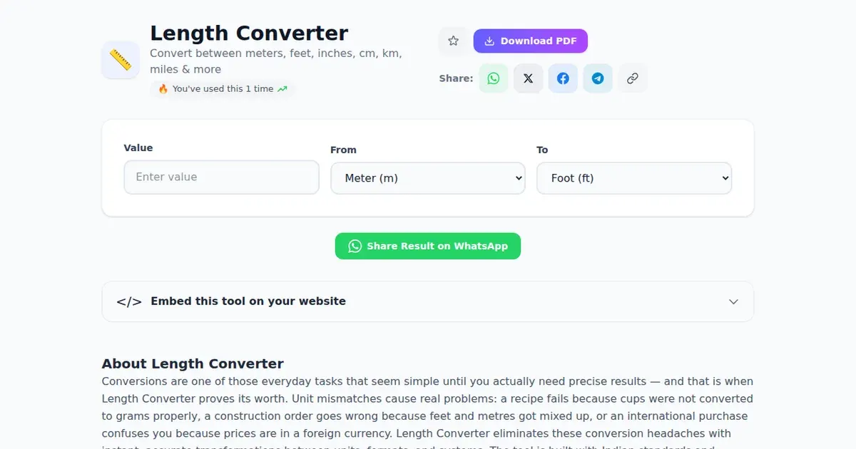 Length Converter — Free Online Convert between meters, feet, inches, cm, km, miles & more Tool on SabTools.in