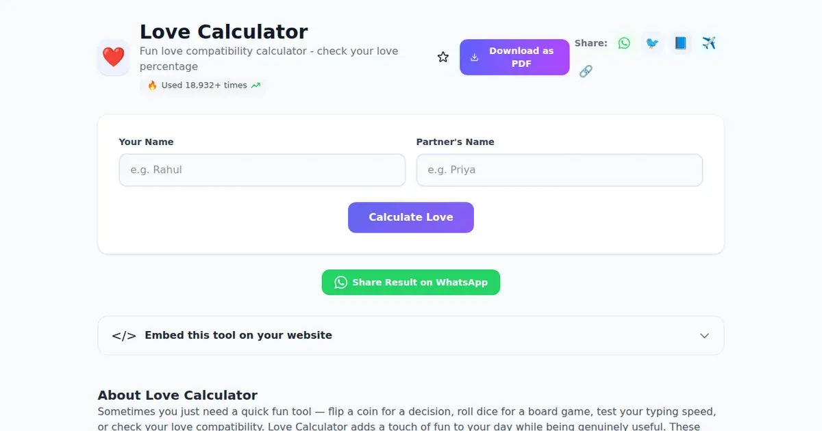 Love Calculator — Free Online Fun love compatibility calculator - check your love percentage Tool on SabTools.in