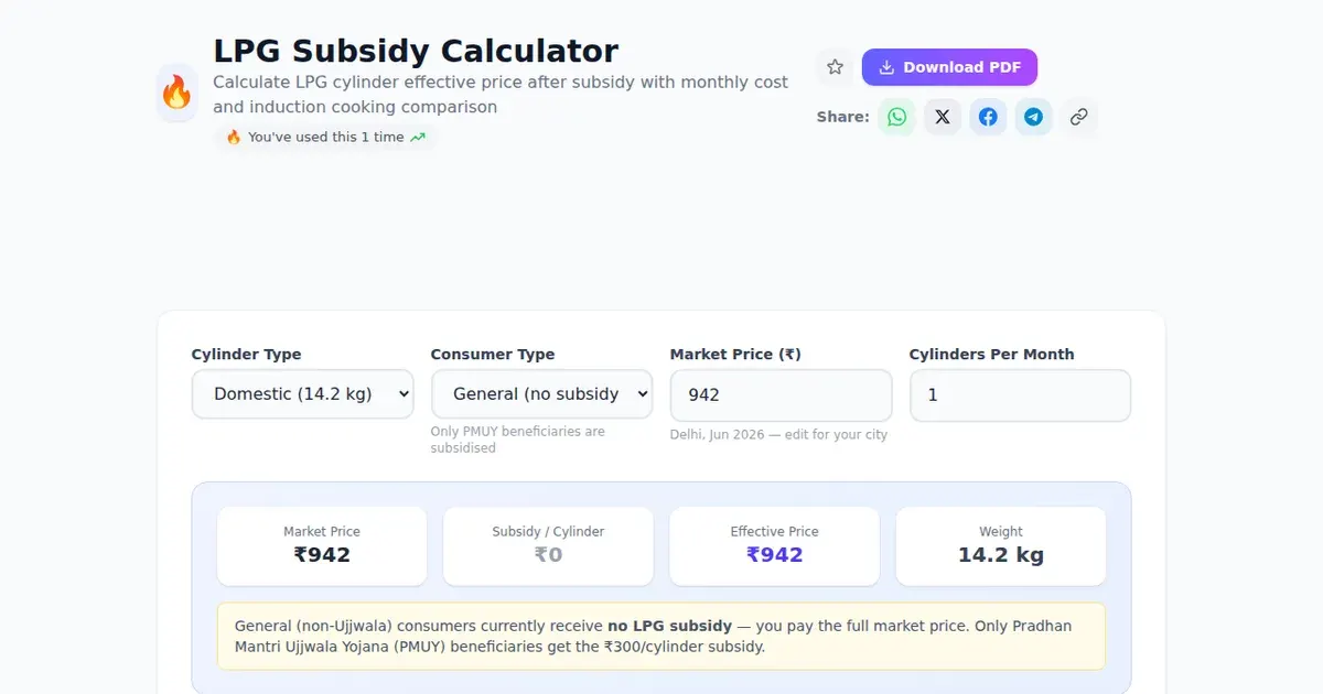 LPG Subsidy Calculator — Free Online Calculate LPG cylinder effective price after subsidy with monthly cost and induction cooking comparison Tool on SabTools.in