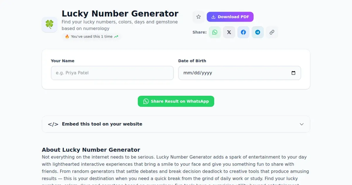 Lucky Number Generator — Free Online Find your lucky numbers, colors, days and gemstone based on numerology Tool on SabTools.in