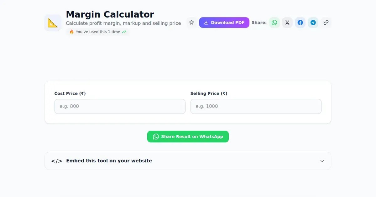 Margin Calculator — Free Online Calculate profit margin, markup and selling price Tool on SabTools.in