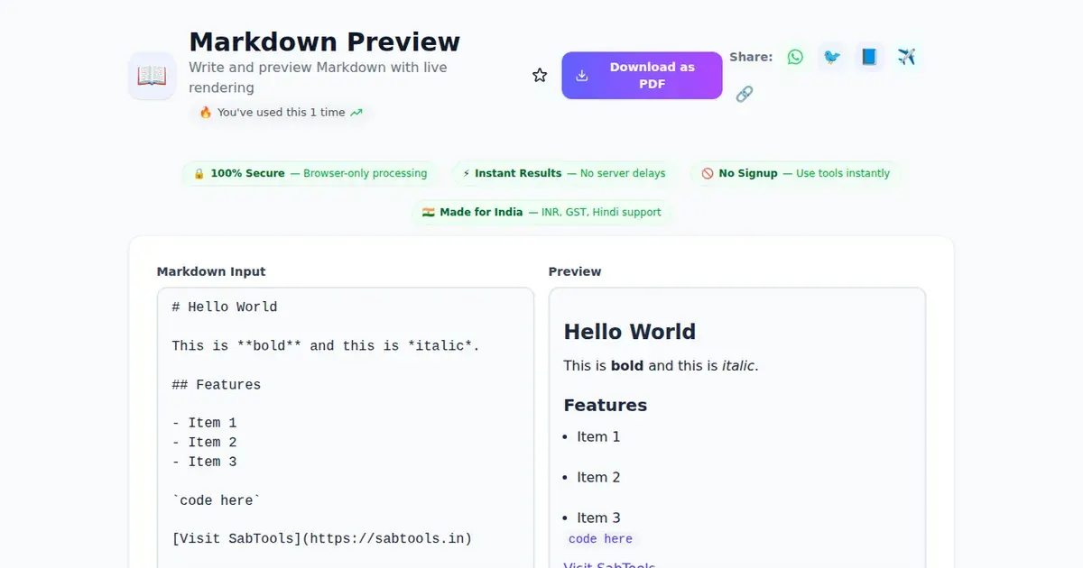 Markdown Preview — Free Online Write and preview Markdown with live rendering Tool on SabTools.in