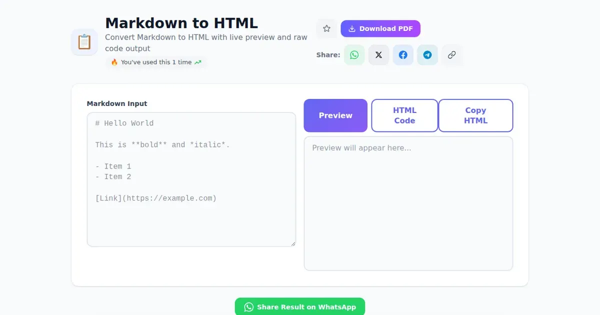 Markdown to HTML — Free Online Convert Markdown to HTML with live preview and raw code output Tool on SabTools.in