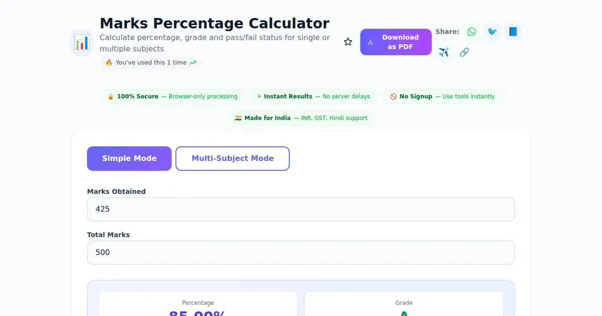 Marks Percentage Calculator — Free Online Calculate percentage, grade and pass/fail status for single or multiple subjects Tool on SabTools.in
