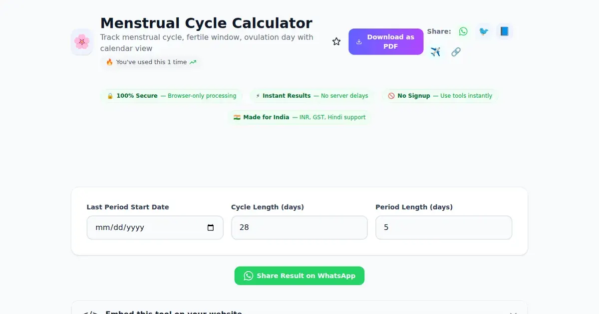 Menstrual Cycle Calculator — Free Online Track menstrual cycle, fertile window, ovulation day with calendar view Tool on SabTools.in