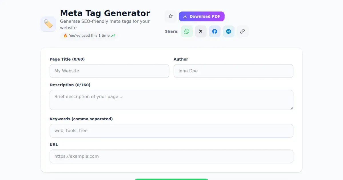 Meta Tag Generator — Free Online Generate SEO-friendly meta tags for your website Tool on SabTools.in