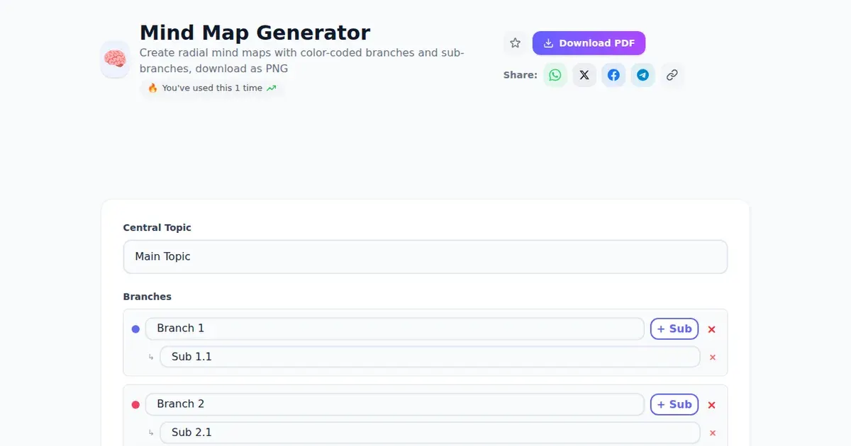 Mind Map Generator — Free Online Create radial mind maps with color-coded branches and sub-branches, download as PNG Tool on SabTools.in