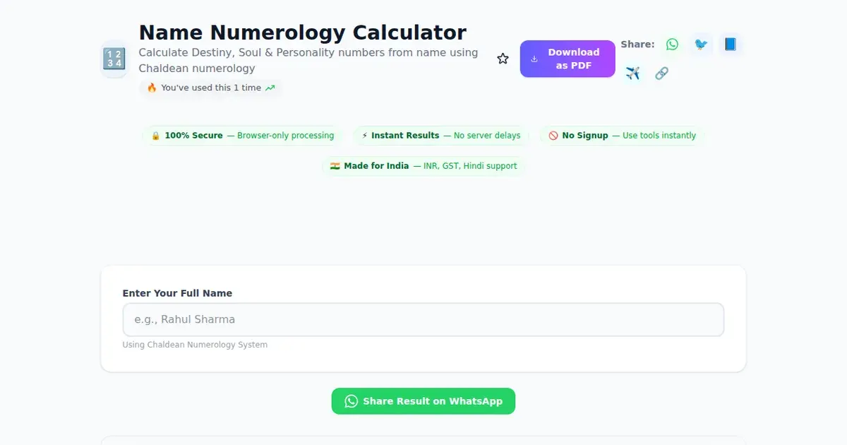 Name Numerology Calculator — Free Online Calculate Destiny, Soul & Personality numbers from name using Chaldean numerology Tool on SabTools.in