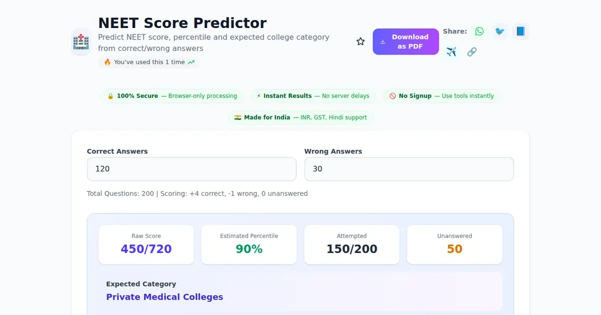 NEET Score Predictor — Free Online Predict NEET score, percentile and expected college category from correct/wrong answers Tool on SabTools.in