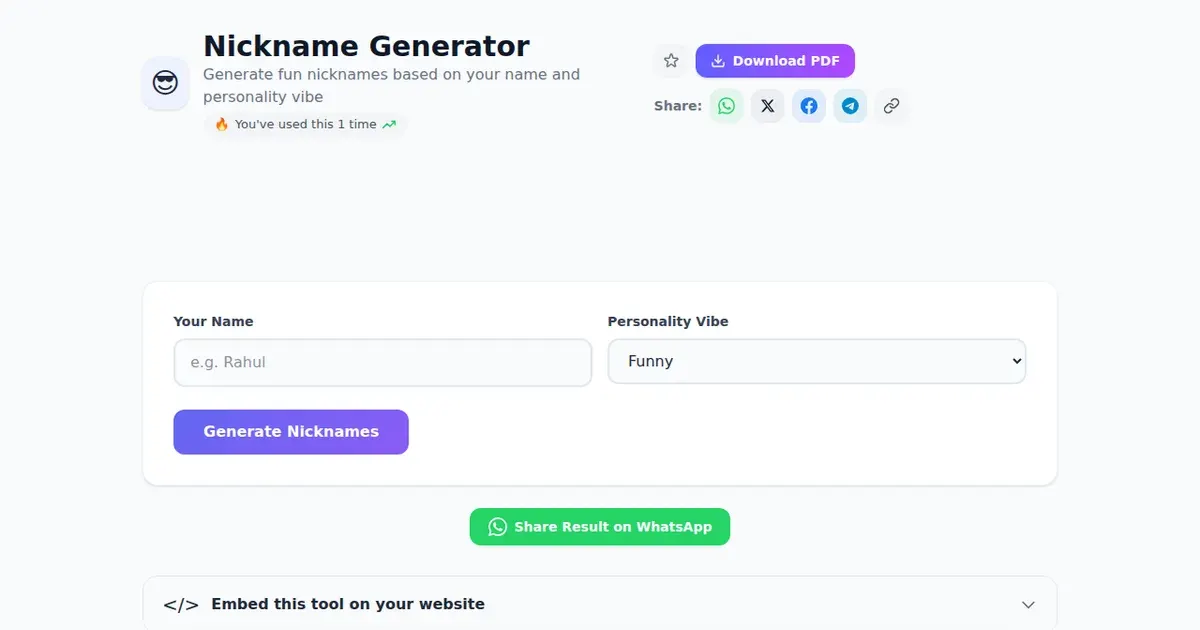 Nickname Generator — Free Online Generate fun nicknames based on your name and personality vibe Tool on SabTools.in