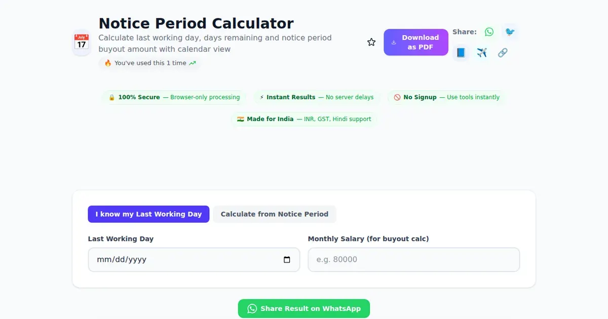 Notice Period Calculator — Free Online Calculate last working day, days remaining and notice period buyout amount with calendar view Tool on SabTools.in