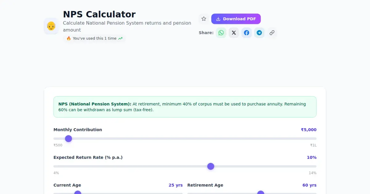 NPS Calculator — Free Online Calculate National Pension System returns and pension amount Tool on SabTools.in