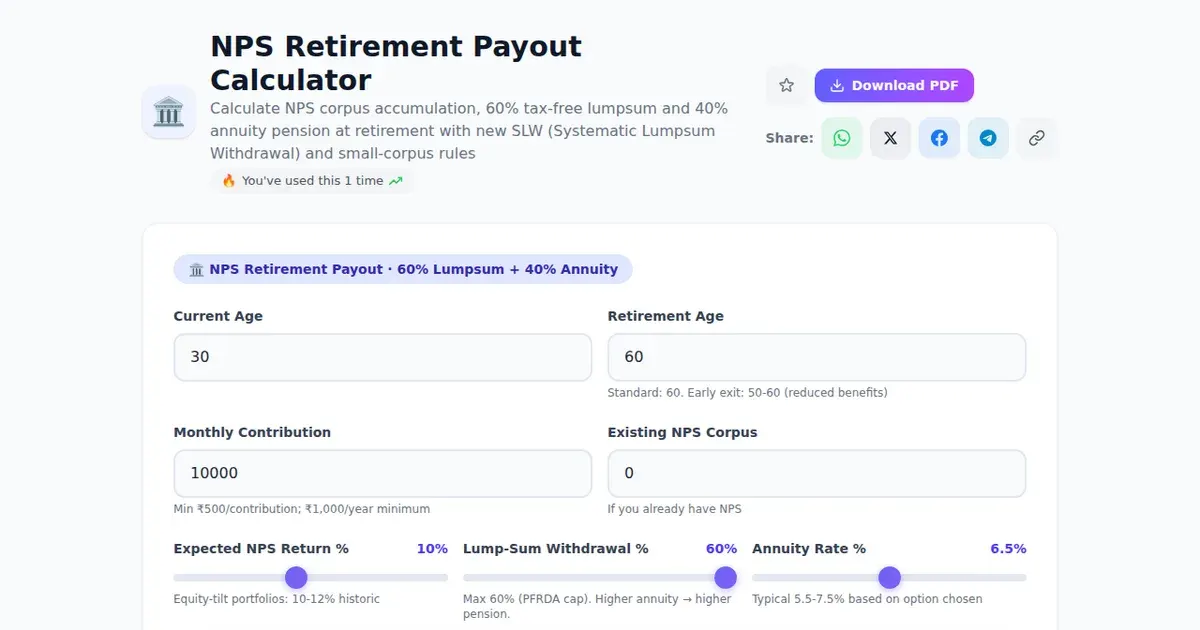 NPS Retirement Payout Calculator — Free Online Calculate NPS corpus accumulation, 60% tax-free lumpsum and 40% annuity pension at retirement with new SLW (Systematic Lumpsum Withdrawal) and small-corpus rules Tool on SabTools.in