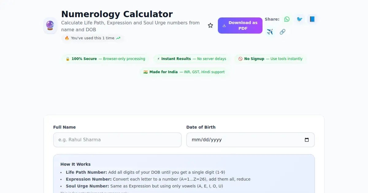 Numerology Calculator — Free Online Calculate Life Path, Expression and Soul Urge numbers from name and DOB Tool on SabTools.in