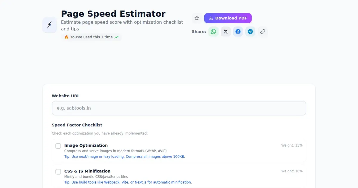 Page Speed Estimator — Free Online Estimate page speed score with optimization checklist and tips Tool on SabTools.in