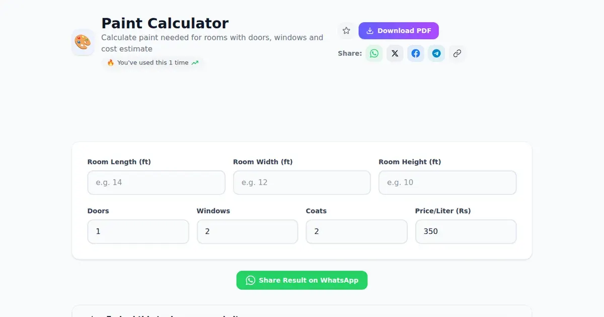 Paint Calculator — Free Online Calculate paint needed for rooms with doors, windows and cost estimate Tool on SabTools.in