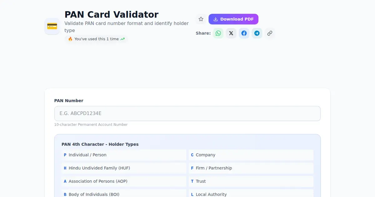 PAN Card Validator — Free Online Validate PAN card number format and identify holder type Tool on SabTools.in