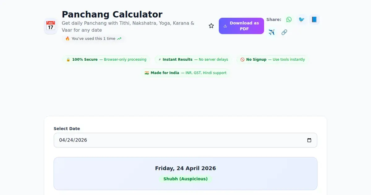 Panchang Calculator — Free Online Get daily Panchang with Tithi, Nakshatra, Yoga, Karana & Vaar for any date Tool on SabTools.in