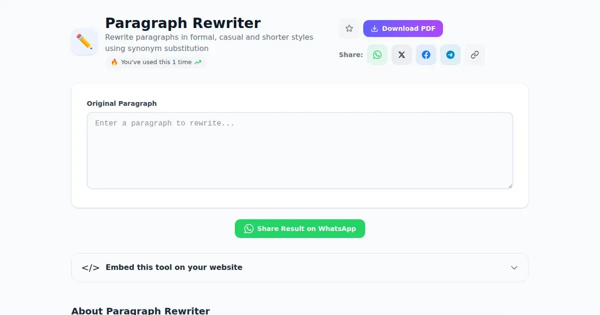 Paragraph Rewriter — Free Online Rewrite paragraphs in formal, casual and shorter styles using synonym substitution Tool on SabTools.in