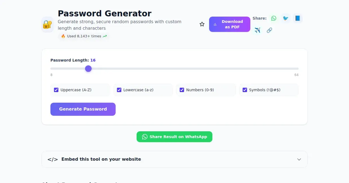 Password Generator — Free Online Generate strong, secure random passwords with custom length and characters Tool on SabTools.in