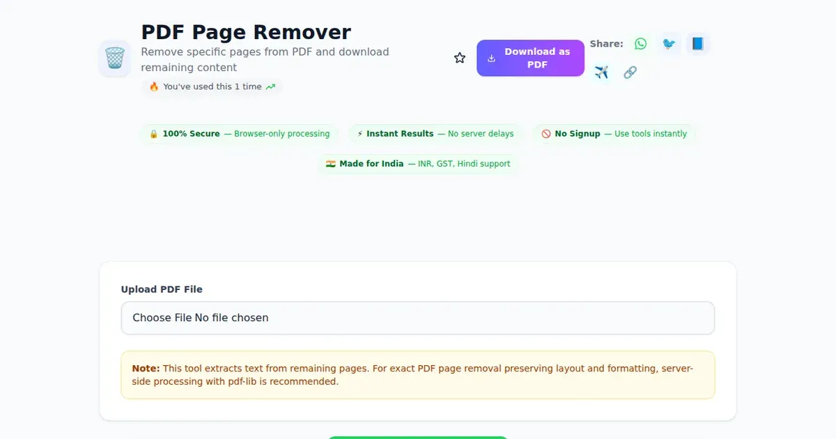 PDF Page Remover — Free Online Remove specific pages from PDF and download remaining content Tool on SabTools.in