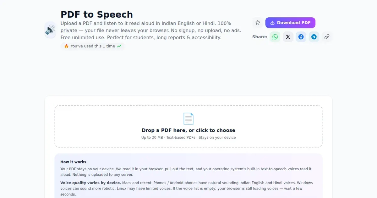 PDF to Speech — Free Online Upload a PDF and listen to it read aloud in Indian English or Hindi. 100% private — your file never leaves your browser. No signup, no upload, no ads. Free unlimited use. Perfect for students, long reports & accessibility. Tool on SabTools.in