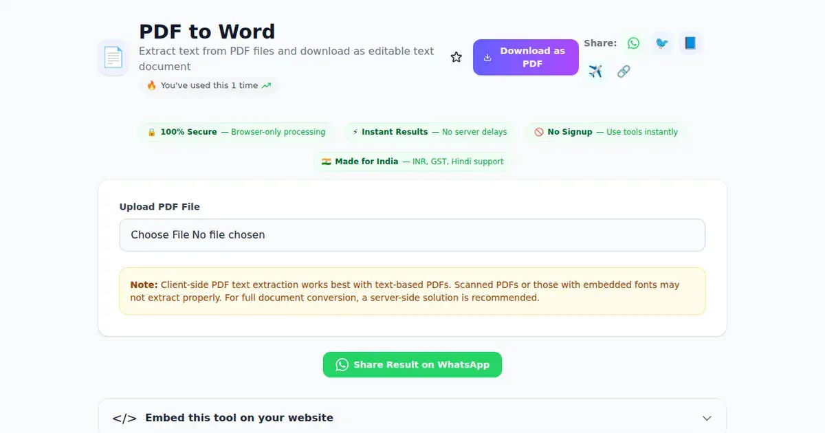 PDF to Word — Free Online Extract text from PDF files and download as editable text document Tool on SabTools.in