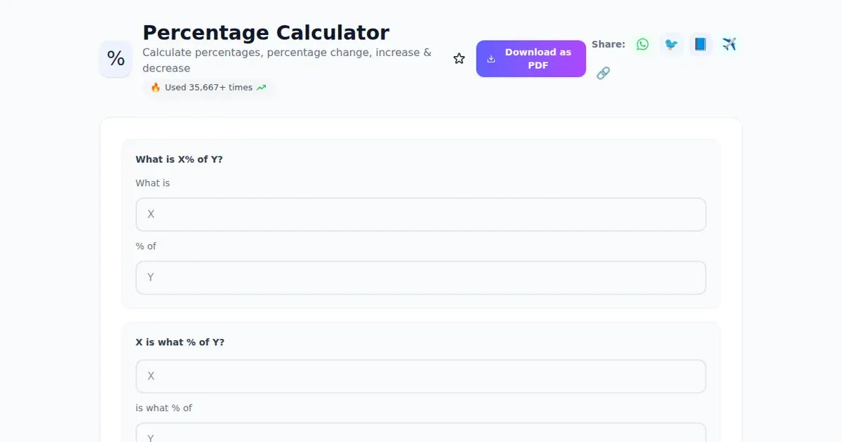 Percentage Calculator — Free Online Calculate percentages, percentage change, increase & decrease Tool on SabTools.in