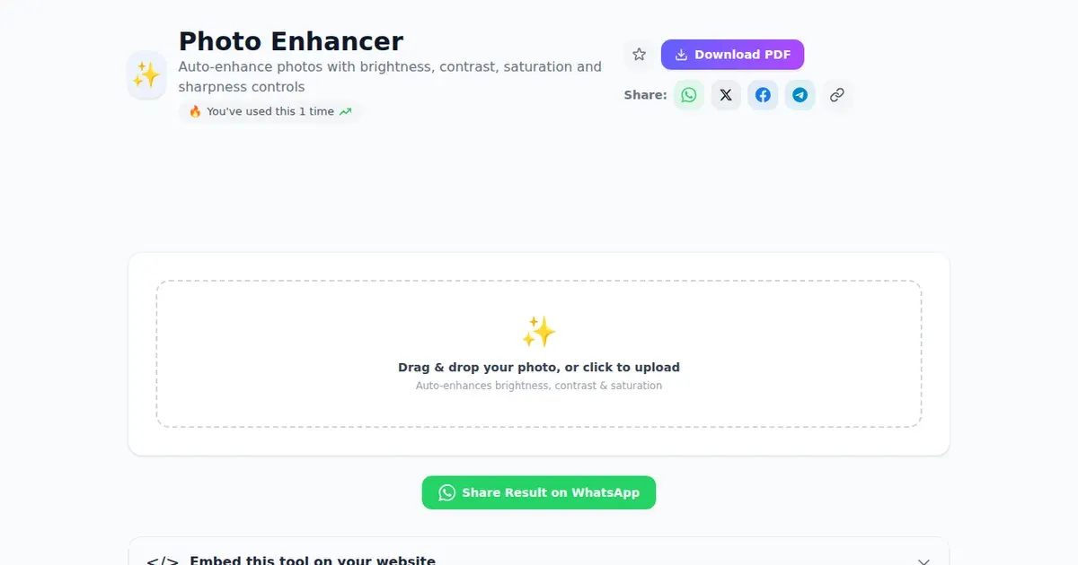 Photo Enhancer — Free Online Auto-enhance photos with brightness, contrast, saturation and sharpness controls Tool on SabTools.in