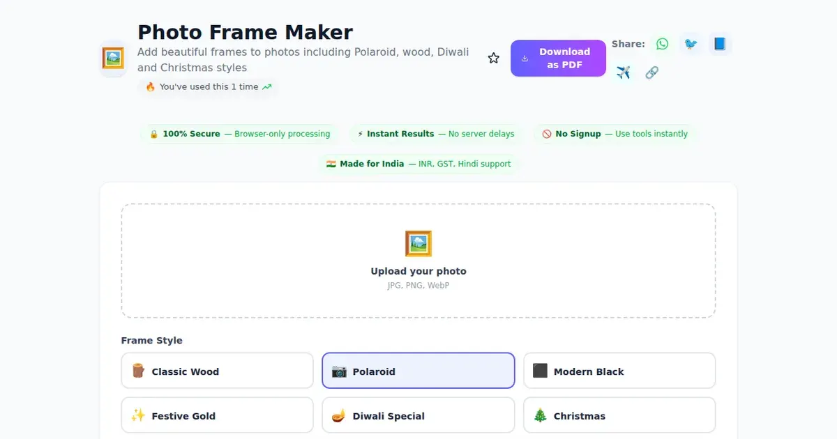 Photo Frame Maker — Free Online Add beautiful frames to photos including Polaroid, wood, Diwali and Christmas styles Tool on SabTools.in