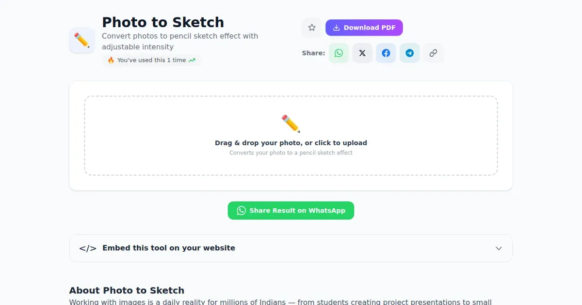 Photo to Sketch — Free Online Convert photos to pencil sketch effect with adjustable intensity Tool on SabTools.in
