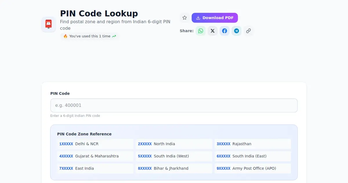 PIN Code Lookup — Free Online Find postal zone and region from Indian 6-digit PIN code Tool on SabTools.in