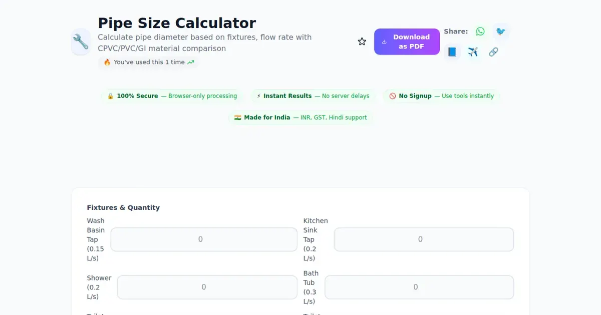 Pipe Size Calculator — Free Online Calculate pipe diameter based on fixtures, flow rate with CPVC/PVC/GI material comparison Tool on SabTools.in