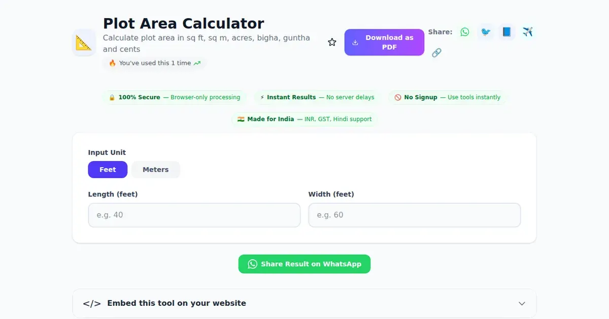 Plot Area Calculator — Free Online Calculate plot area in sq ft, sq m, acres, bigha, guntha and cents Tool on SabTools.in