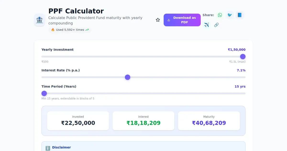 PPF Calculator — Free Online Calculate Public Provident Fund maturity with yearly compounding Tool on SabTools.in