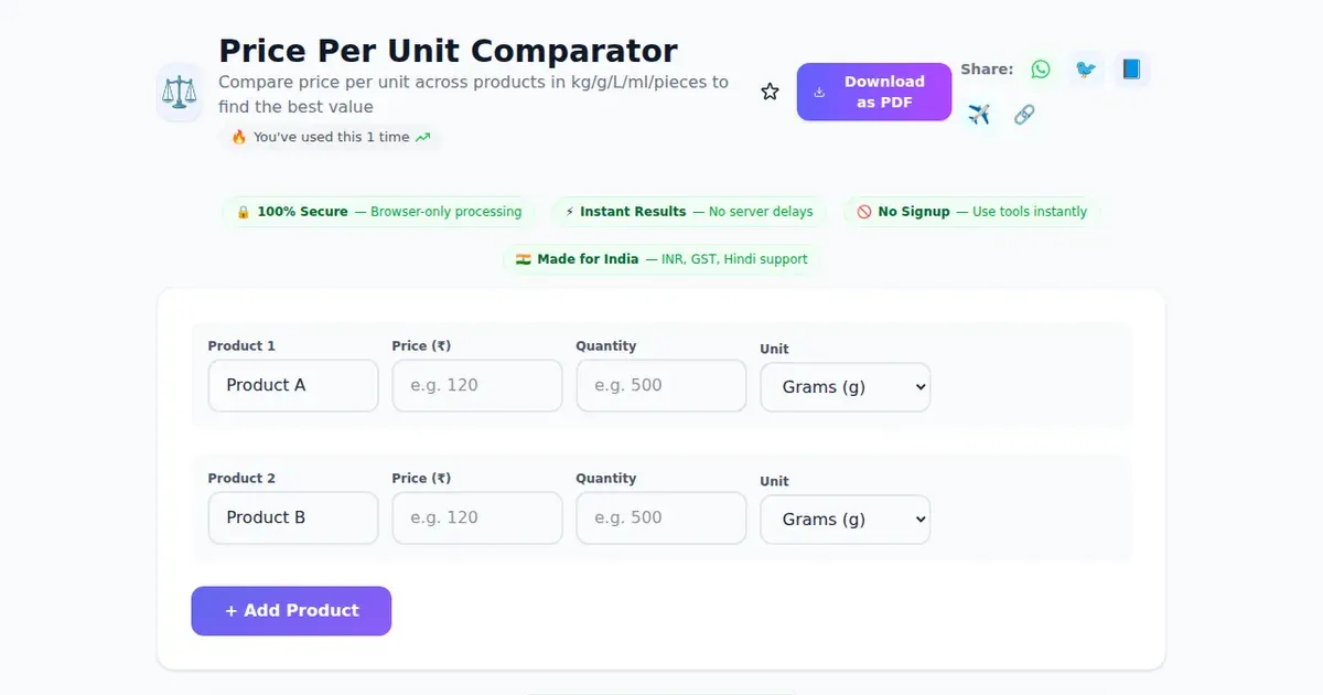 Price Per Unit Comparator — Free Online Compare price per unit across products in kg/g/L/ml/pieces to find the best value Tool on SabTools.in