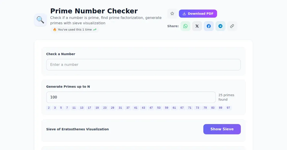 Prime Number Checker — Free Online Check if a number is prime, find prime factorization, generate primes with sieve visualization Tool on SabTools.in