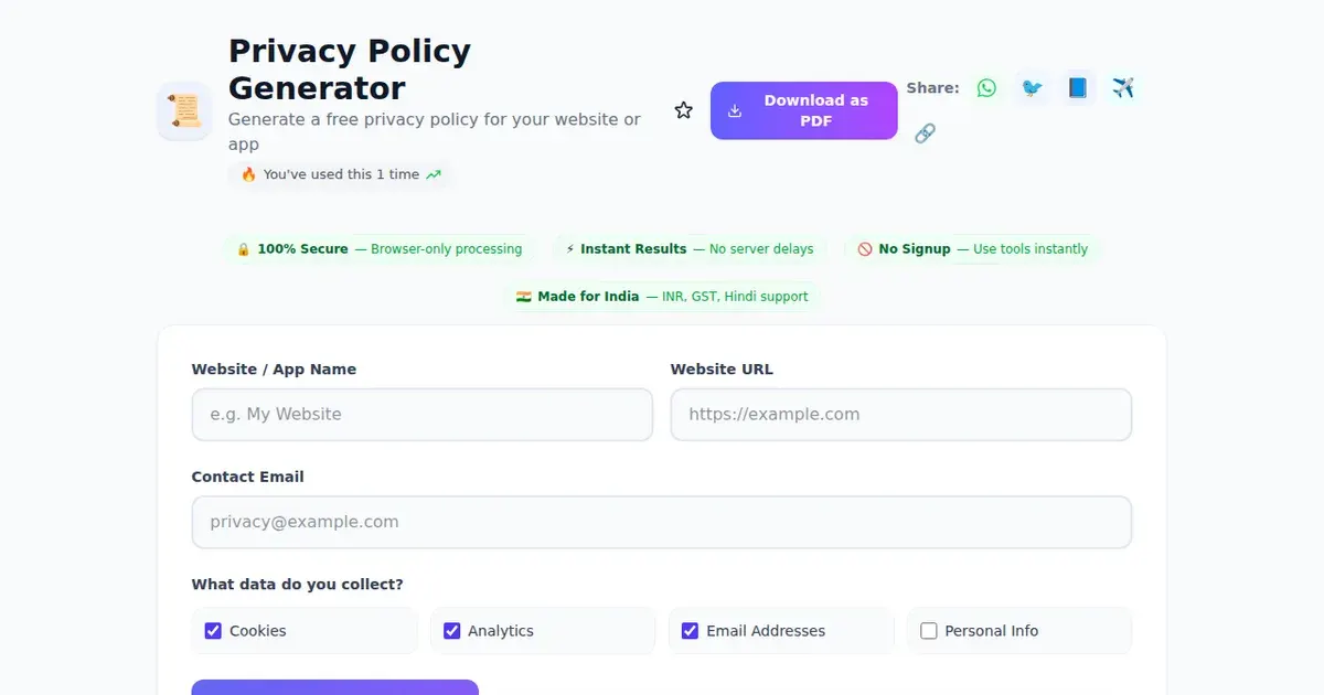 Privacy Policy Generator — Free Online Generate a free privacy policy for your website or app Tool on SabTools.in