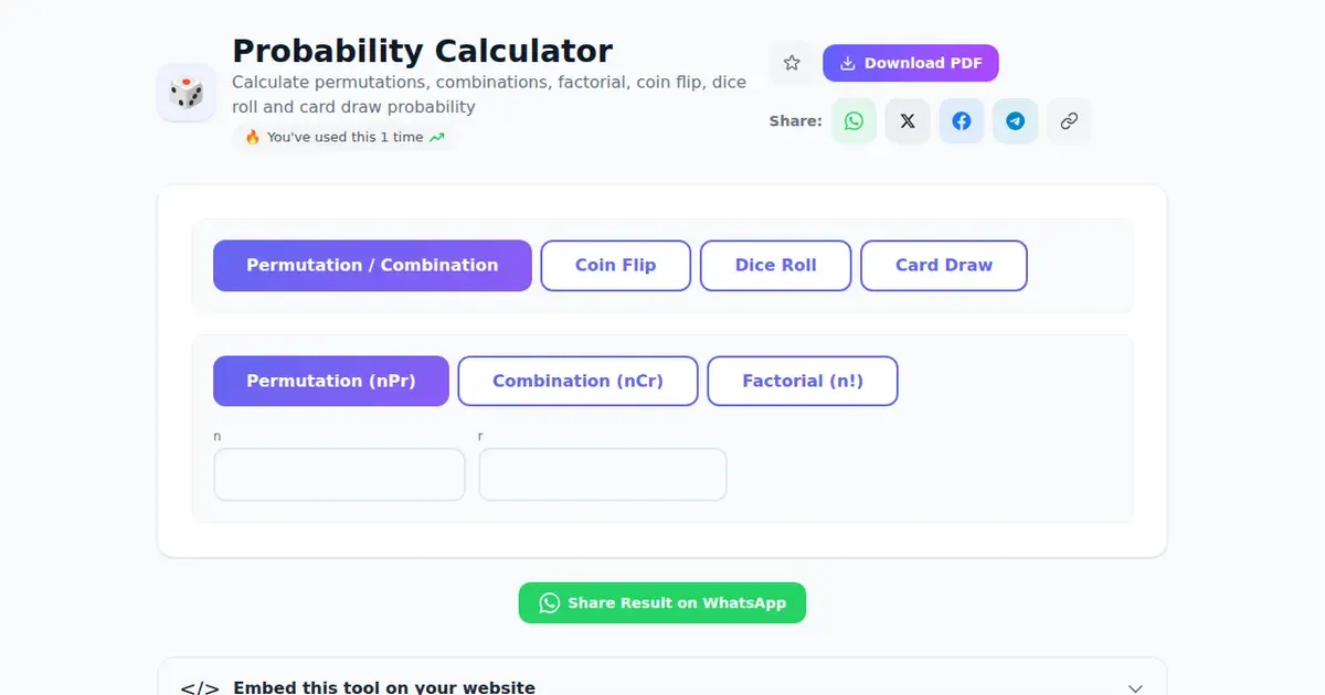 Probability Calculator — Free Online Calculate permutations, combinations, factorial, coin flip, dice roll and card draw probability Tool on SabTools.in