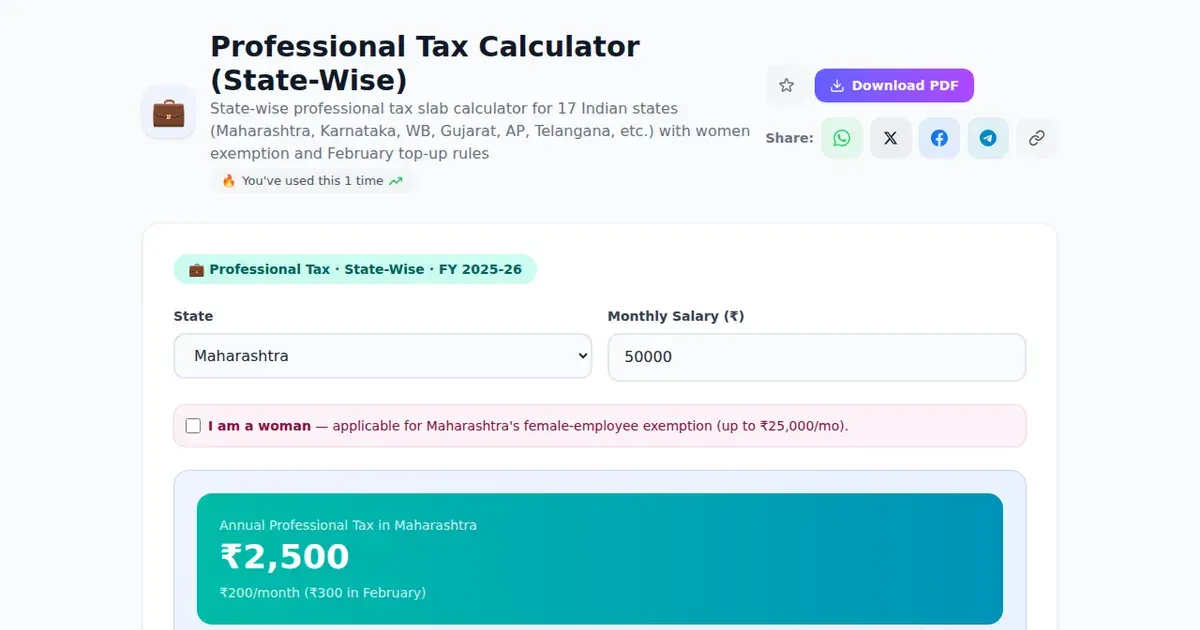 Professional Tax Calculator (State-Wise) — Free Online State-wise professional tax slab calculator for 17 Indian states (Maharashtra, Karnataka, WB, Gujarat, AP, Telangana, etc.) with women exemption and February top-up rules Tool on SabTools.in