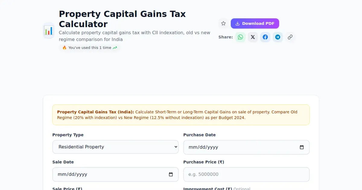 Property Capital Gains Tax Calculator — Free Online Calculate property capital gains tax with CII indexation, old vs new regime comparison for India Tool on SabTools.in