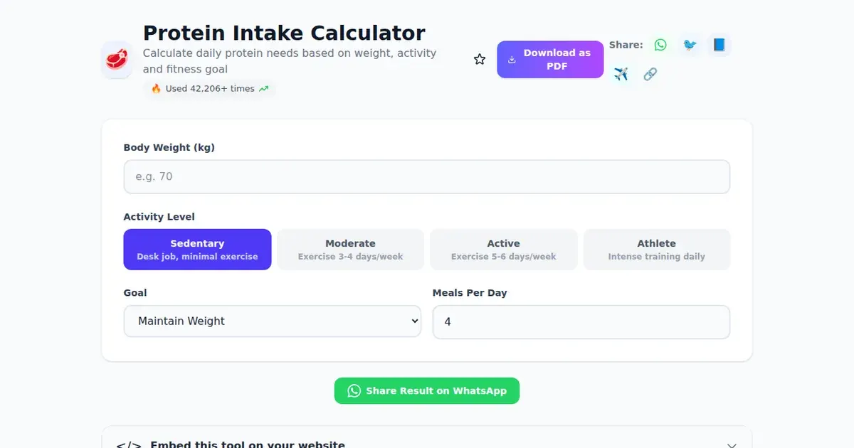Protein Intake Calculator — Free Online Calculate daily protein needs based on weight, activity and fitness goal Tool on SabTools.in