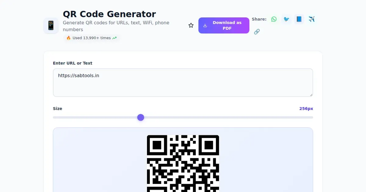 QR Code Generator — Free Online Generate QR codes for URLs, text, WiFi, phone numbers Tool on SabTools.in