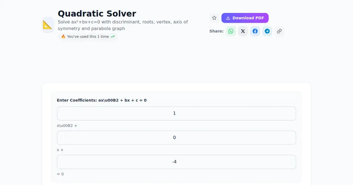 Quadratic Solver — Free Online Solve ax²+bx+c=0 with discriminant, roots, vertex, axis of symmetry and parabola graph Tool on SabTools.in