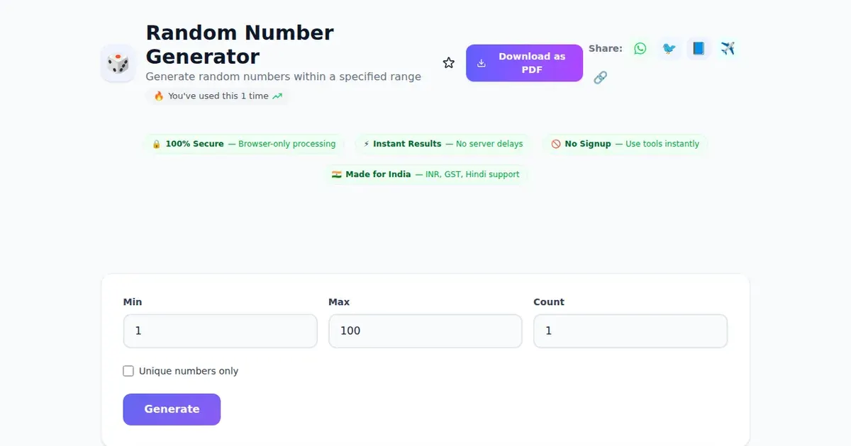 Random Number Generator — Free Online Generate random numbers within a specified range Tool on SabTools.in