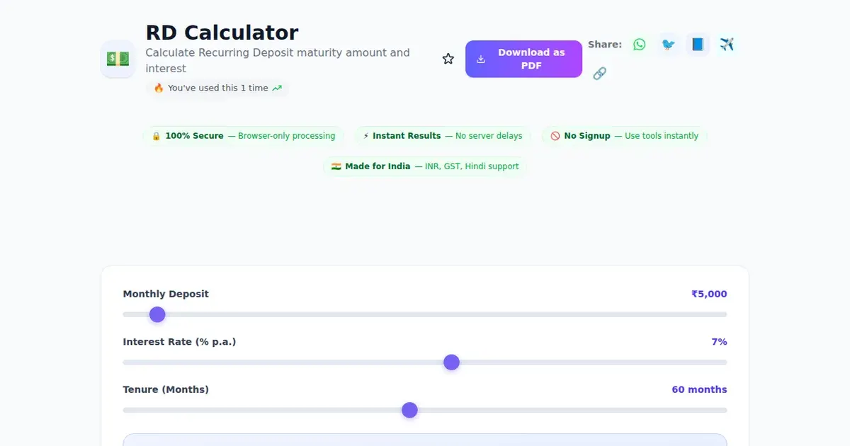 RD Calculator — Free Online Calculate Recurring Deposit maturity amount and interest Tool on SabTools.in