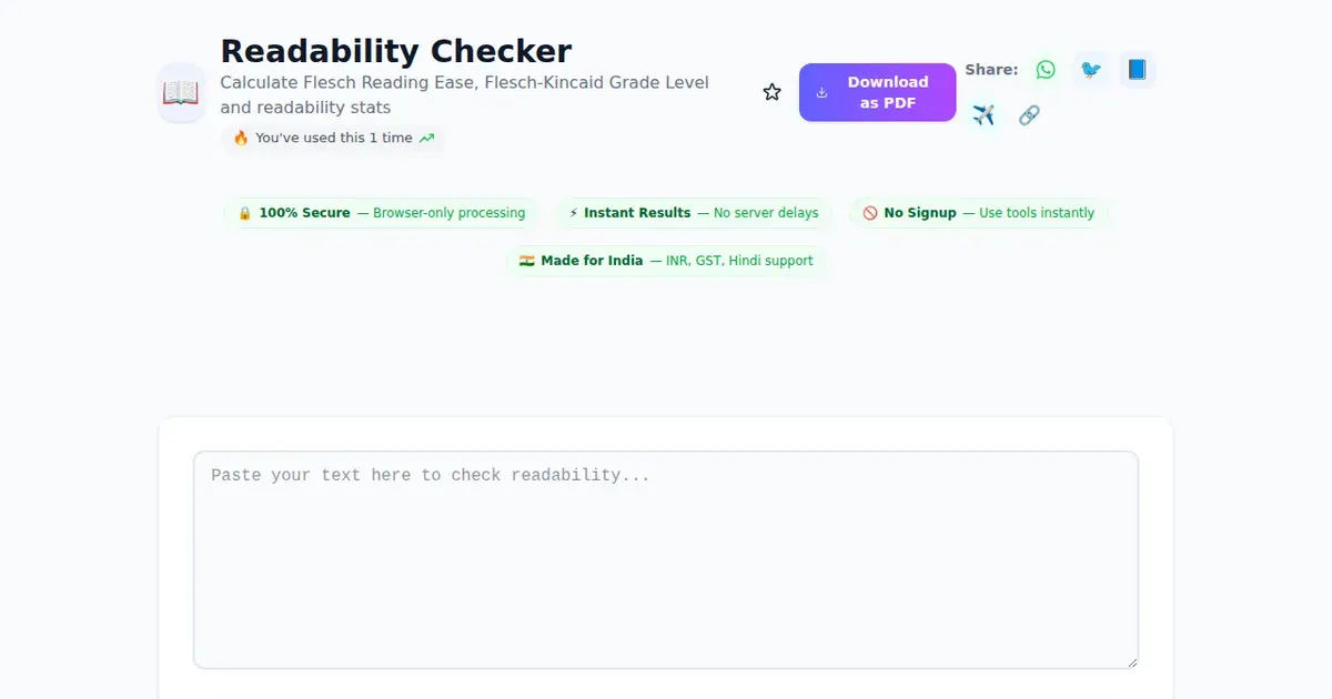 Readability Checker — Free Online Calculate Flesch Reading Ease, Flesch-Kincaid Grade Level and readability stats Tool on SabTools.in