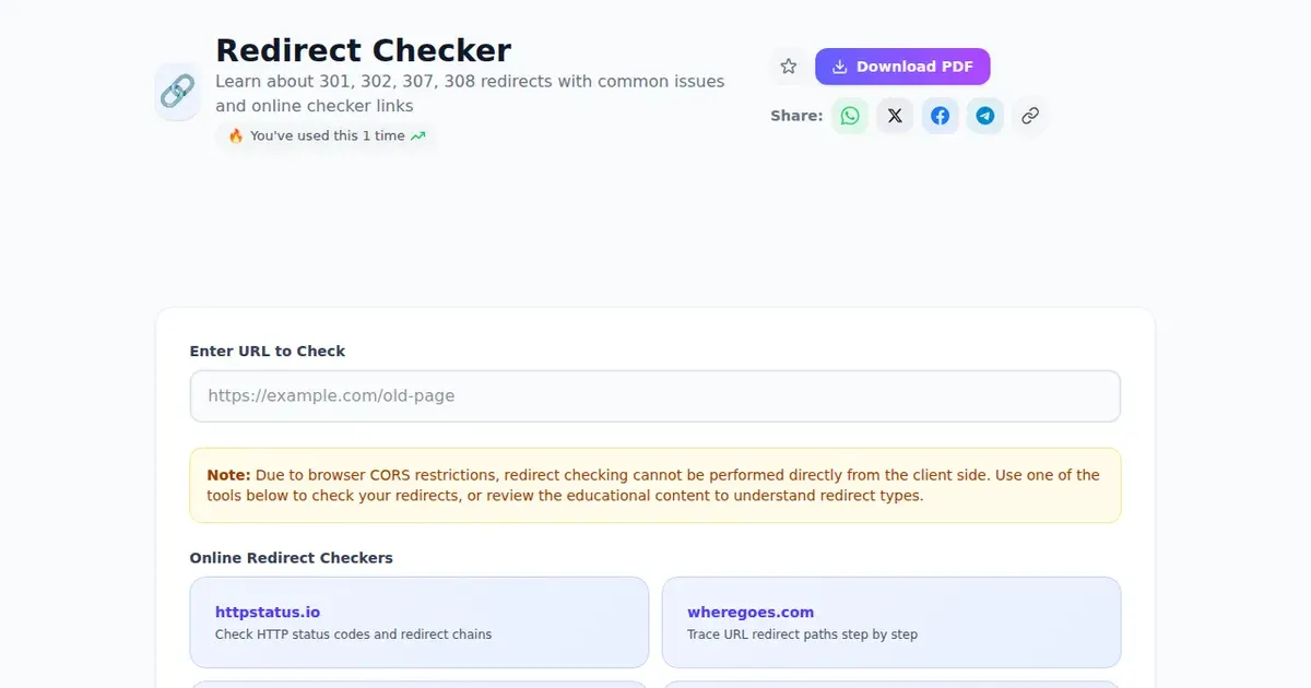 Redirect Checker — Free Online Learn about 301, 302, 307, 308 redirects with common issues and online checker links Tool on SabTools.in