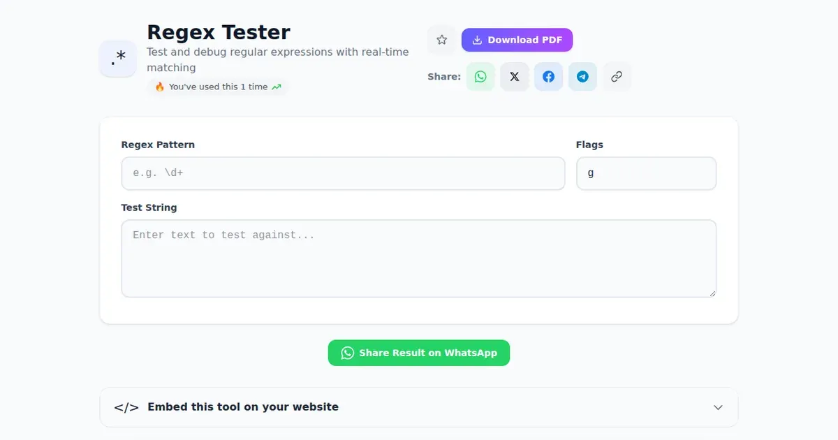 Regex Tester — Free Online Test and debug regular expressions with real-time matching Tool on SabTools.in