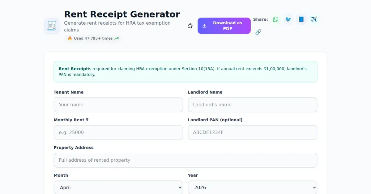 Rent Receipt Generator — Free Online Generate rent receipts for HRA tax exemption claims Tool on SabTools.in